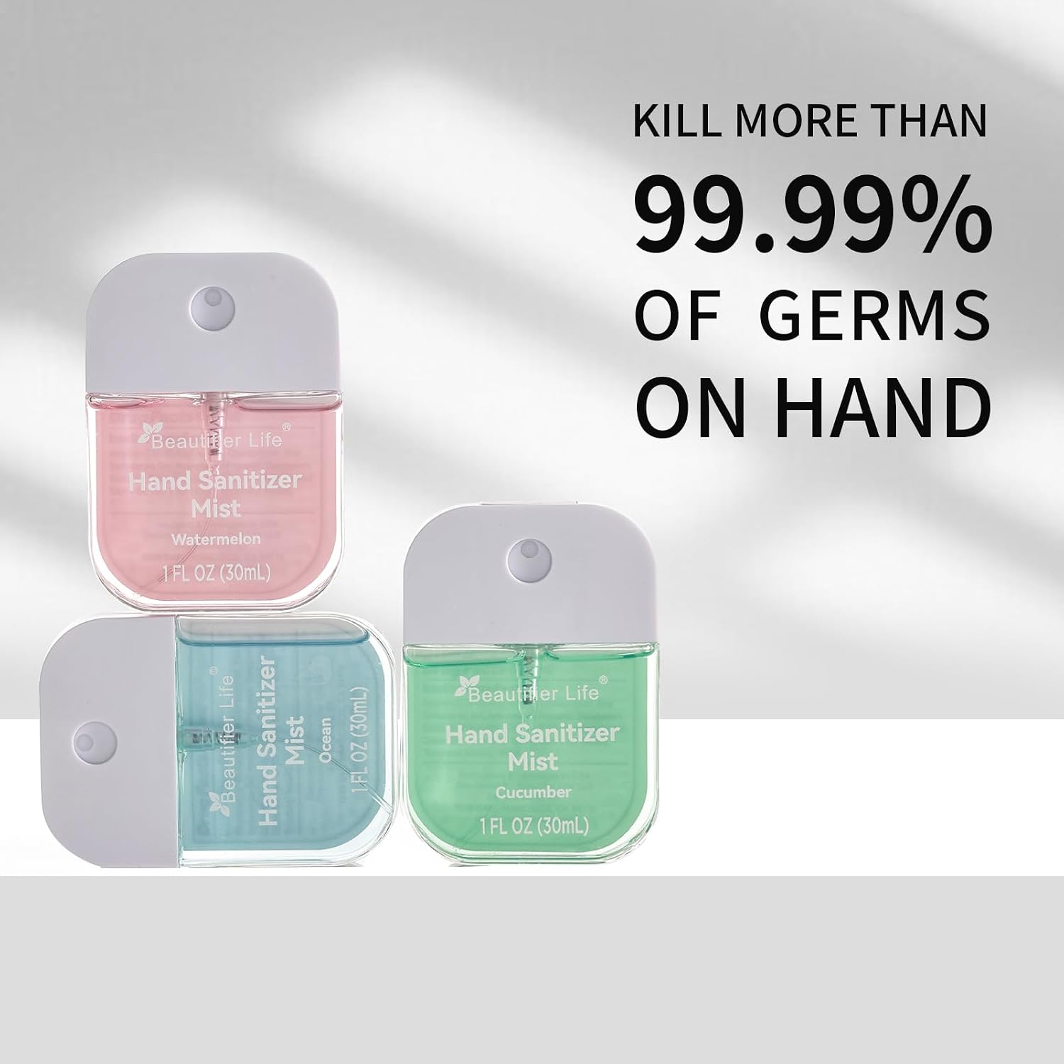 Beautifier Life Mini Portable Hand Sanitizer Spray (3-Pack) - Pocket-Sized 1 Fl Oz Travel, Ultra-Soothing 70% Alcohol Formula, Power Mist, No-Rinse Fast-Dry - Ocean Watermelon Cucumber - Image 9
