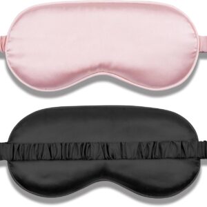 Amrules Sleep Mask Set of 2, Adjustable Silk Eye Mask for Sleeping, Soft Sleeping Eye Shade Cover for Women, Good for Blocking Light, Reducing Puffiness, Enhancing Sleep Quality (Blush Pink & Black)