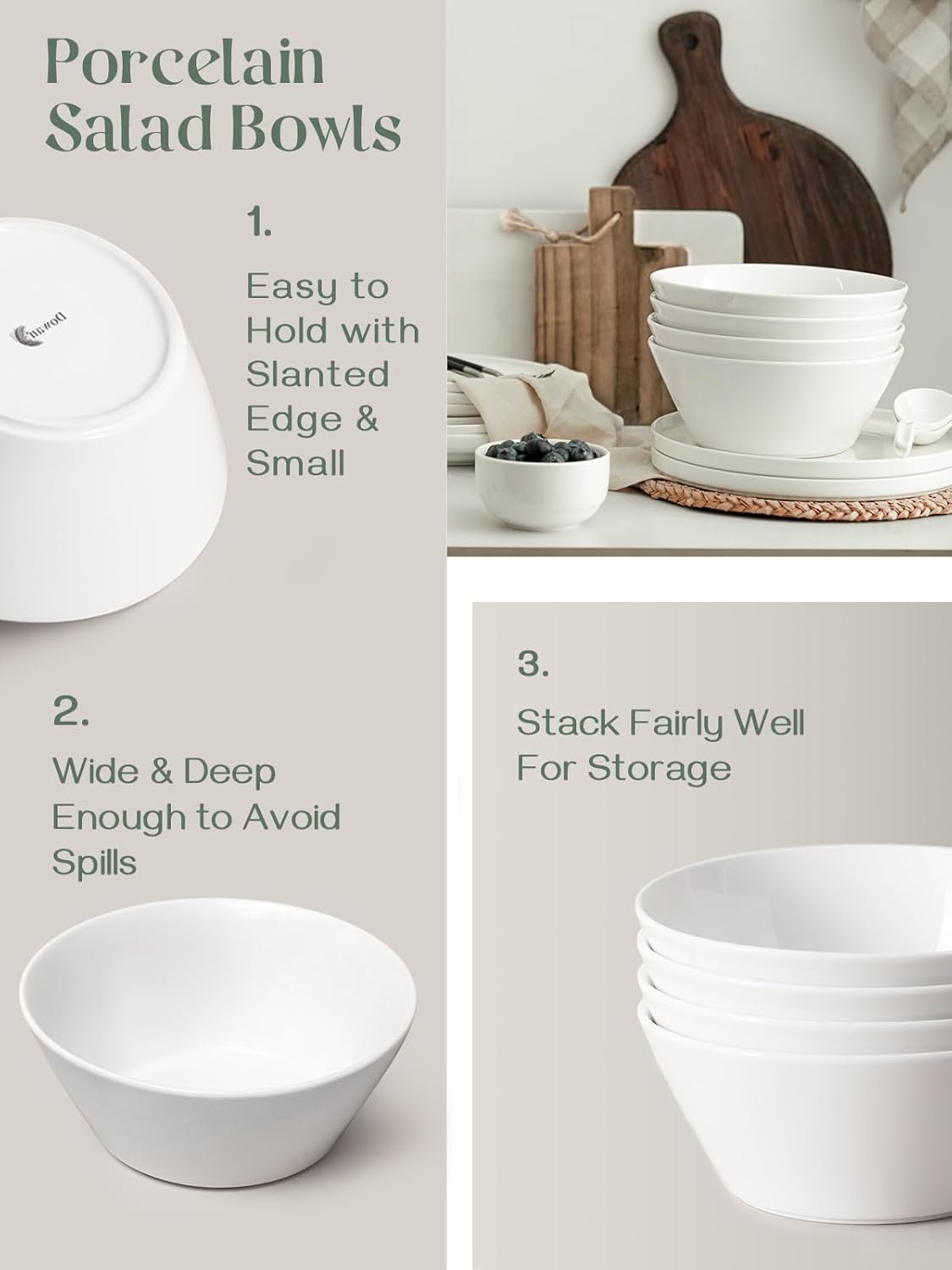 DOWAN 32 OZ Large Soup Bowls Set of 4 - White Ceramic Bowls for Kitchen, Deep Bowls for Cereal, Salad, Pasta, Fruits, Ramen, Dishwasher & Microwave Safe - Image 8