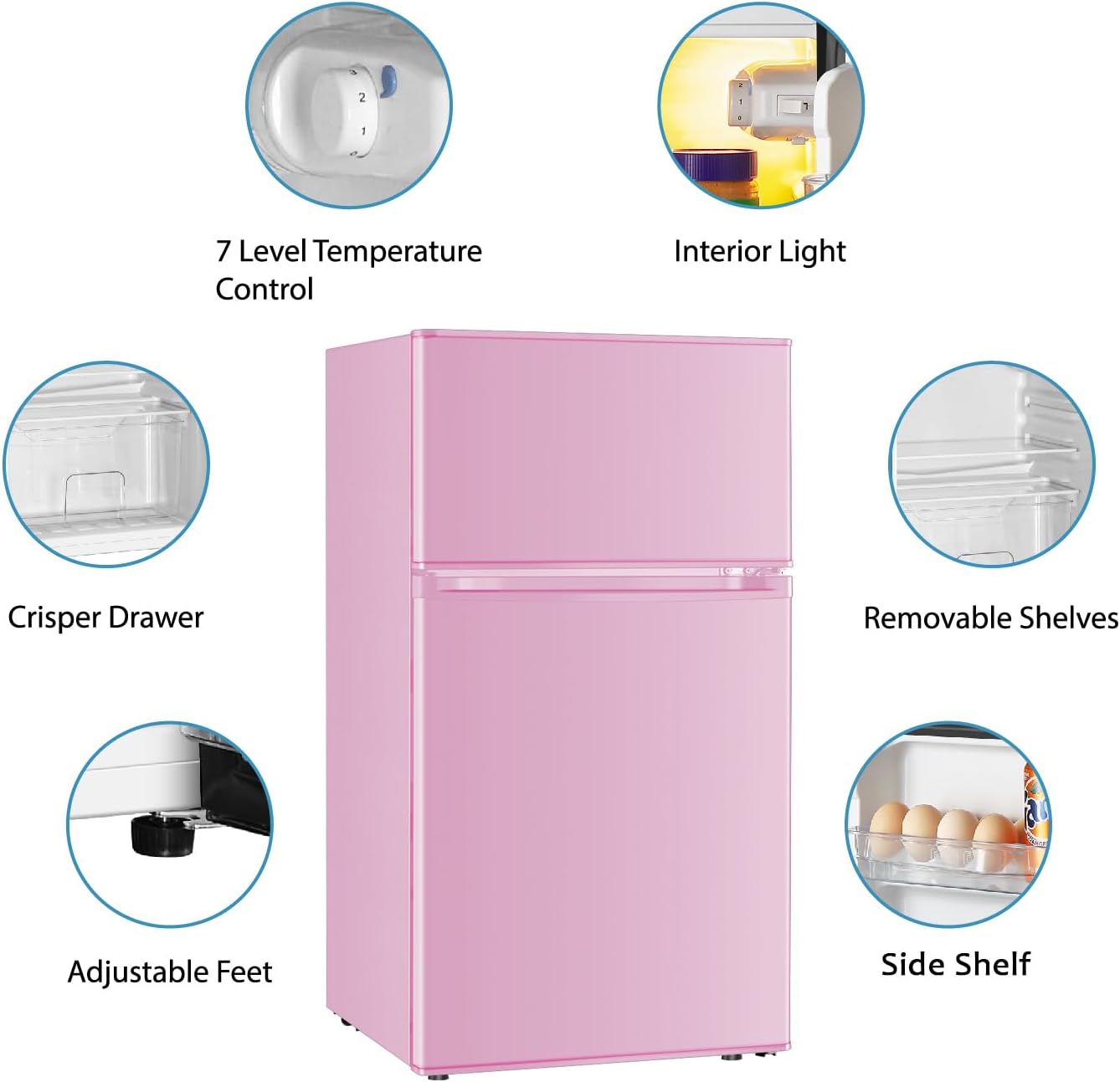 Saeoola Mini Fridge with Freezer, 3.2 Cu.Ft, 2 Doors Compact Mini Refrigerator with Separate Freezer for Dorm, Bedroom, Office, Apartment with 7-Level Temperature Control, Removable Shelves (Pink) - Image 5