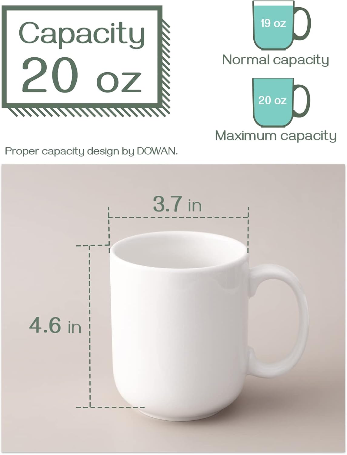 DOWAN 20 oz Large Coffee Mugs with Handle, Ceramic Cup Set of 6 for Tea Hot Cocoa, Mug Gifts Set, Soft White - Image 3