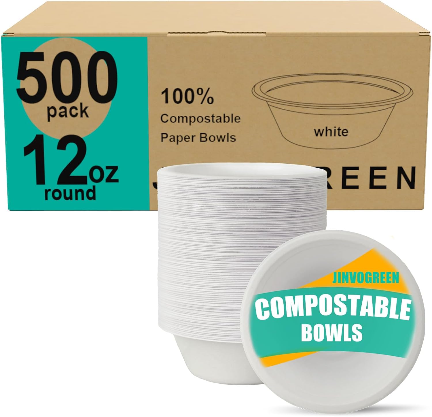 JINVOGREEN 500 Count 12 oz Paper Bowls, Disposable Compostable Bowls Bulk, Heavy Duty Biodegradable Bagasse Bowl for Snacks, Soup, and Salads, White - Image 2
