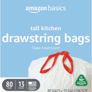 Amazon Basics 13 Gallon Tall Kitchen Drawstring Trash Bags, Clean Fresh Scent, 10% Post Consumer Recycled Material, 80 Count