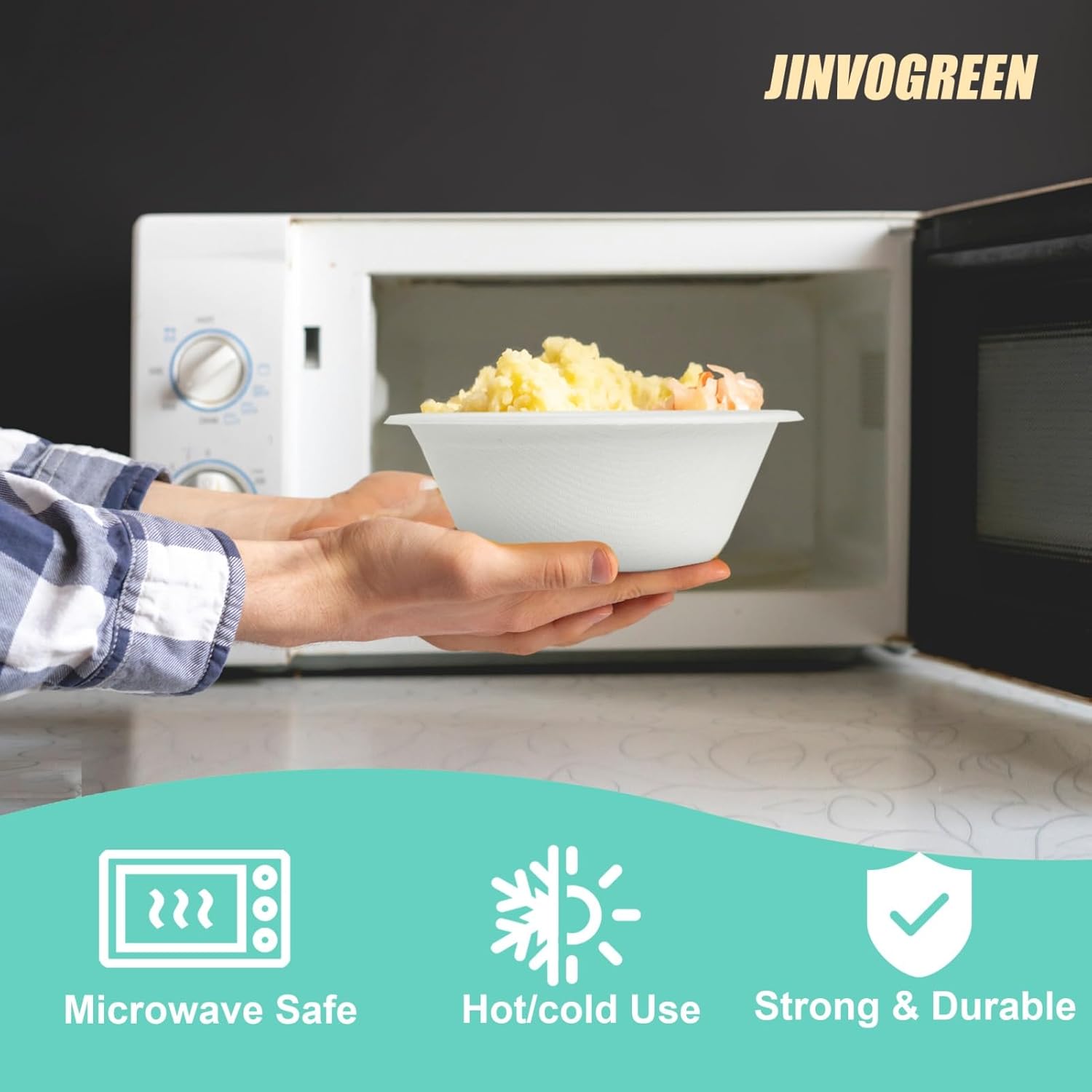 JINVOGREEN 500 Count 12 oz Paper Bowls, Disposable Compostable Bowls Bulk, Heavy Duty Biodegradable Bagasse Bowl for Snacks, Soup, and Salads, White - Image 7
