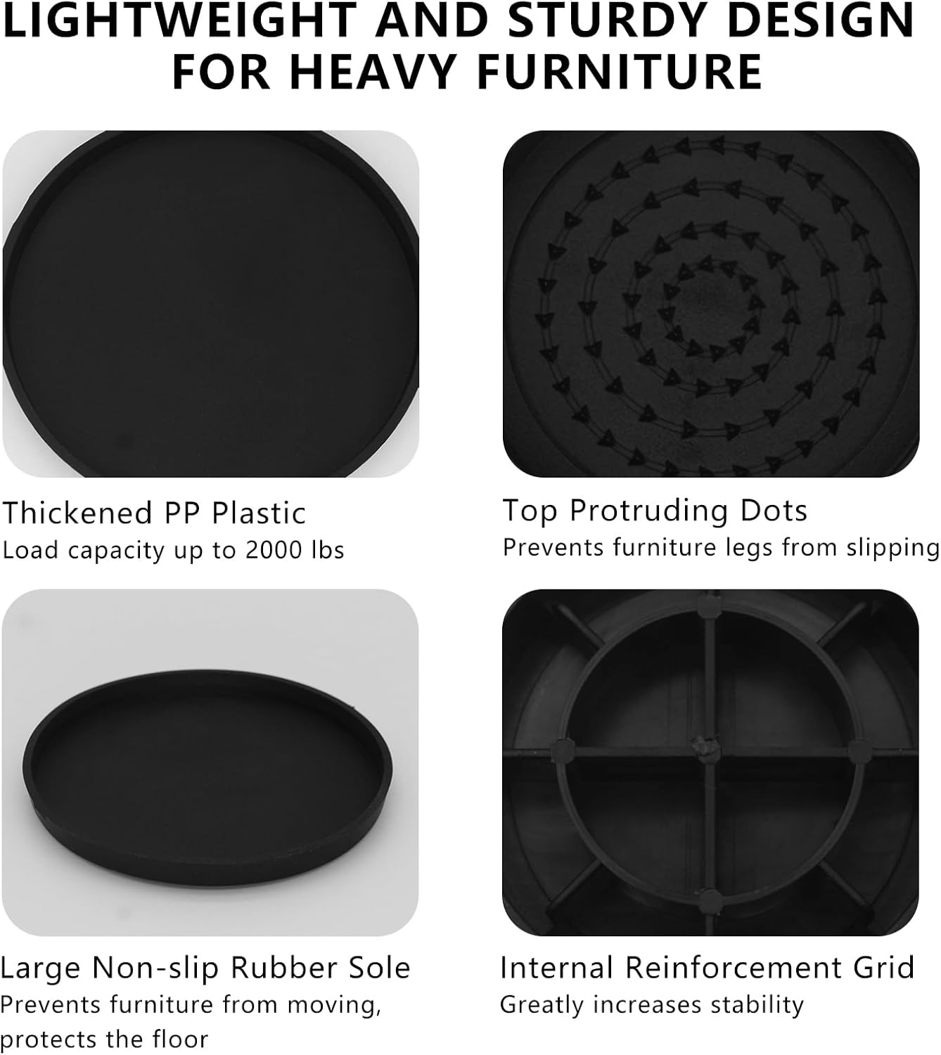 4 Sets Furniture Risers 2 inch Black Bed Risers, Heavy Duty Round Stackable Bed Lifts Risers 2" or 4" for Table, Sofa, Couch, Desk, Adjustable Bed Frame Risers - Image 6