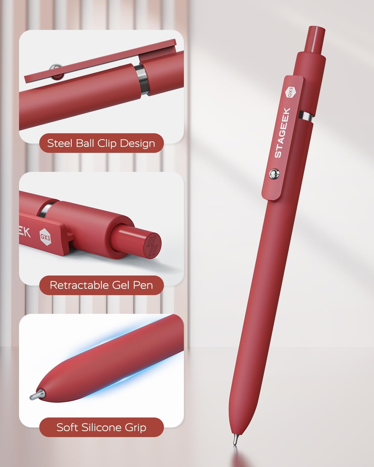 STAGEEK Red Gel Pens GX3, 6Pcs Quick Dry Red Ink Pens with 3 Extra Refills, Fine Point Retractable Smooth Writing Pens for Journaling, Note Taking, School Supplies, Nurse Aesthetic, Office(Red) - Image 7