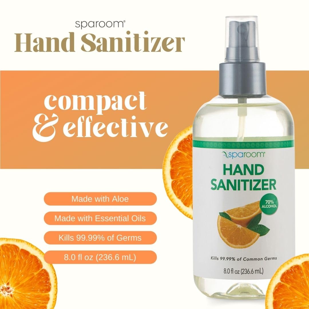 SpaRoom Hand Sanitizer Spray Orange – 70% Alcohol Formula with Aloe and Essential Oils, Travel Size Citrus Blend for On-the-Go Hygiene and Skin Moisture – 8oz Leak-Proof Bottle - Image 4