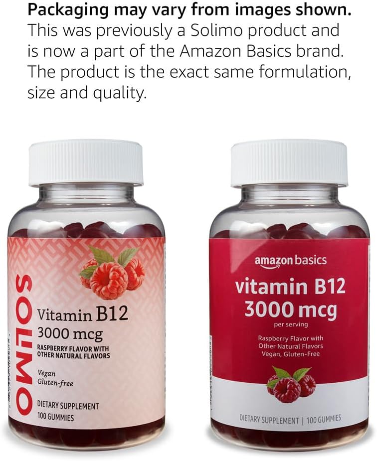 Amazon Basics Vitamin B12 3000 mcg Gummies, Normal Energy Production and Metabolism, Immune System Support, Raspberry, 100 Count (2 per Serving) (Previously Solimo) - Image 5