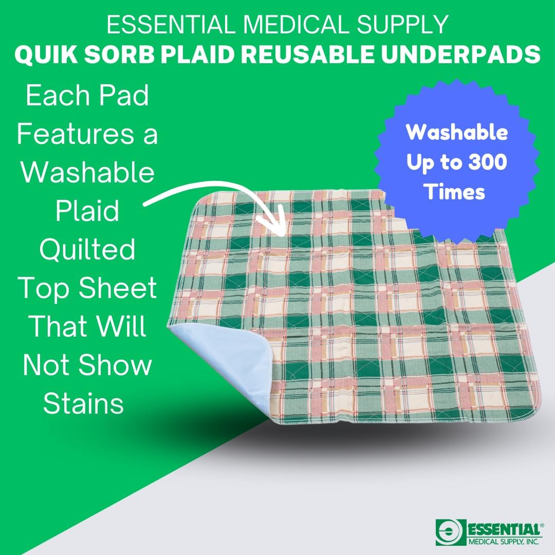 Essential Medical Supply Quik-Sorb 34" x 36" Plaid Quilted Reusable Underpad in 3 Pack - Waterproof Incontinence Bed Pads for Adults, Washable and Reusable Bed Pads for The Couch, Car and Bed - Image 3