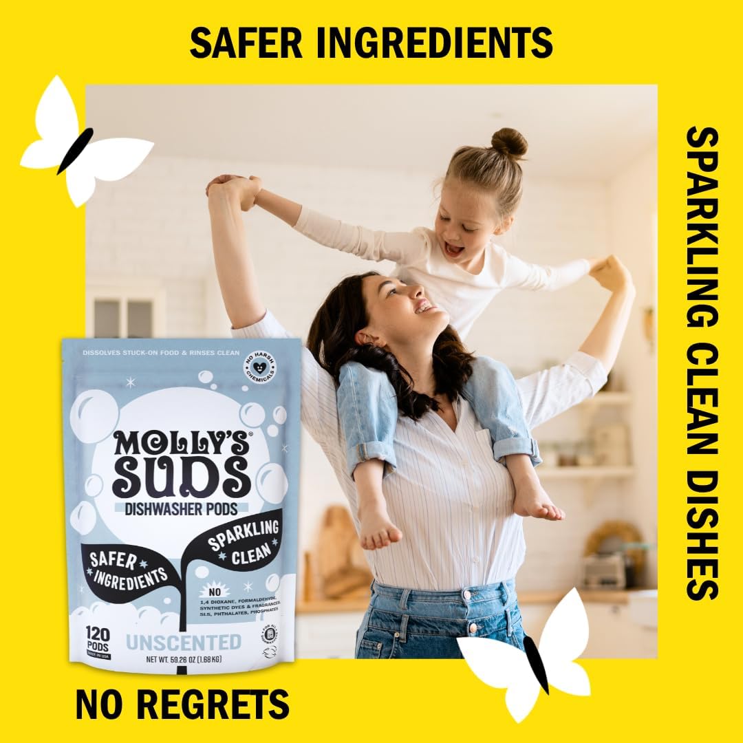 Molly's Suds Dishwasher Pods | Clean Dishwasher Detergent, Cuts Grease & Rinses Clean (Residue-Free) for Sparkling Dishes | 60 Auto-Release Tabs (Unscented) - Image 4