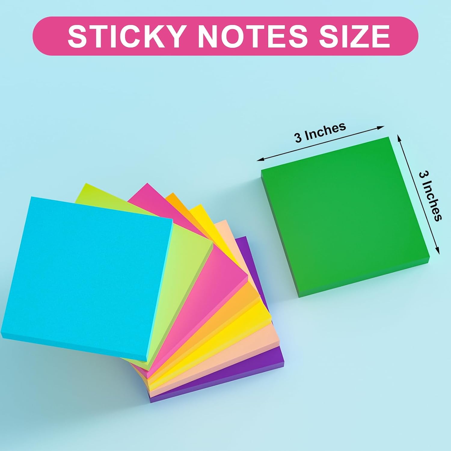 Sticky Notes 3x3 Inch, 8 Pads, 800 Sheets, 8 Bright Colors Sticky Note Pad, Bulk Self-Stick Pads, Home Office School Supplies, Clean Removal, Recyclable, Easy to Post for Notebook, 100 Sheets/Pad - Image 4