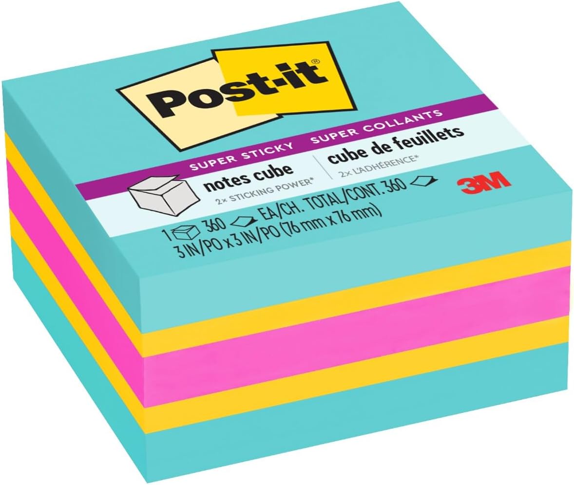 Post-it Super Sticky Notes Cube, 3 in. x 3 in., 1 Sticky Notes Pad, 360 Sheets, Bright Colors, Aqua Splash, Sunnyside, and Power Pink - Image 2