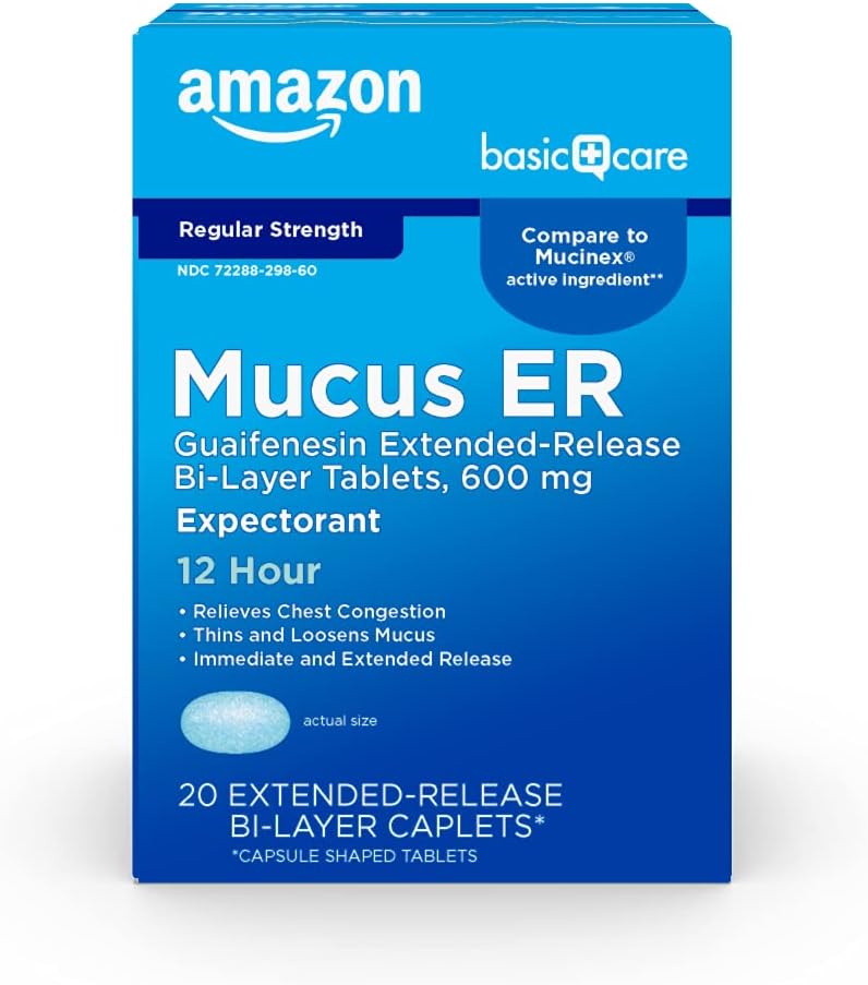 Amazon Basic Care Guaifenesin Extended-Release Tablets, 600 mg, 12 Hour Expectorant for Chest Congestion and Mucus Relief, 20 Count - Image 2
