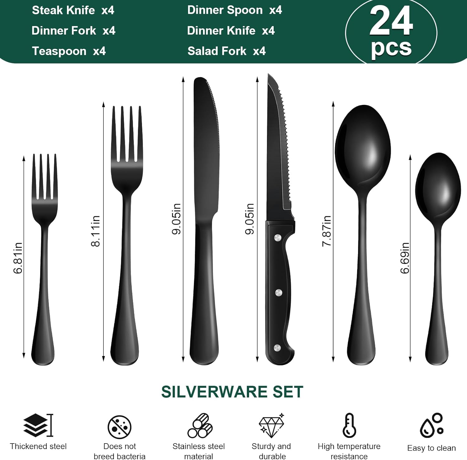 24-Piece Black Silverware Set with Steak Knives Black Stainless Steel Flatware Set for 4 Food Grade Tableware Cutlery Set Rust-proof, Mirror Polished, Dishwasher Safe - Image 3