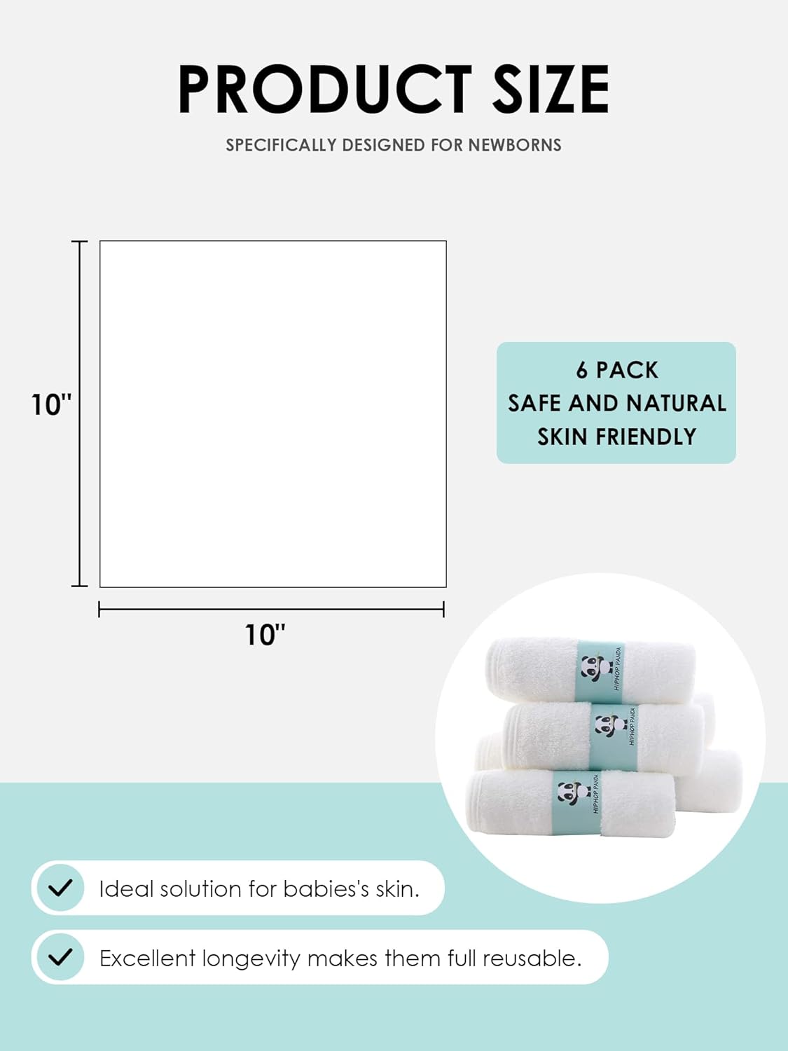 HIPHOP PANDA Baby Washcloths, Rayon Made from Bamboo - 2 Layer Ultra Soft Absorbent Newborn Bath Face Towel - Reusable Baby Wipes for Delicate Skin - White, 6 Pack - Image 2