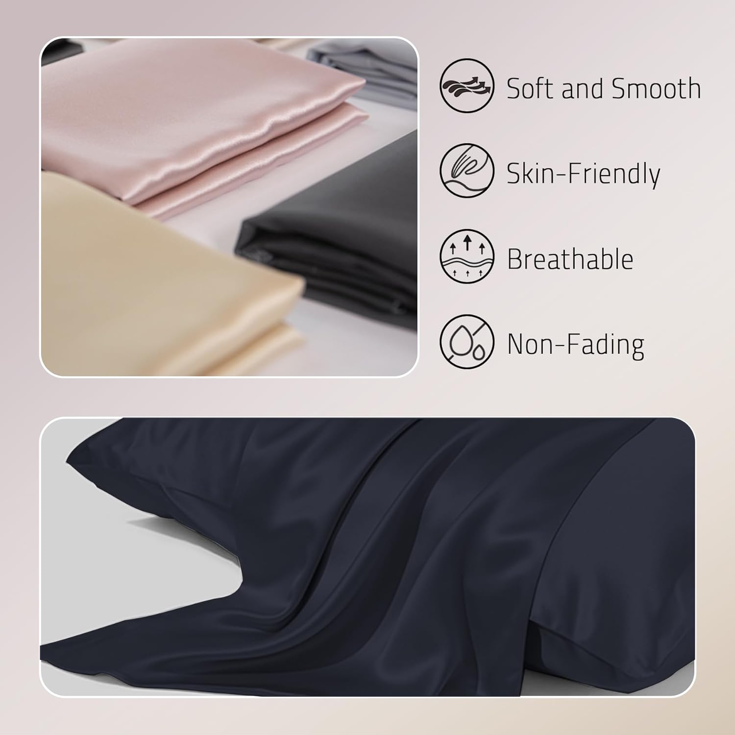 Gabire Mulberry Silk Pillowcases Set of 2, Both Sides Real Silk Pillowcase for Hair and Skin Prevent Acne Pillowcase Organic Silk Pillow case 2 Pack with Hidden Zipper, Navy Blue, Standard (20"×26") - Image 3