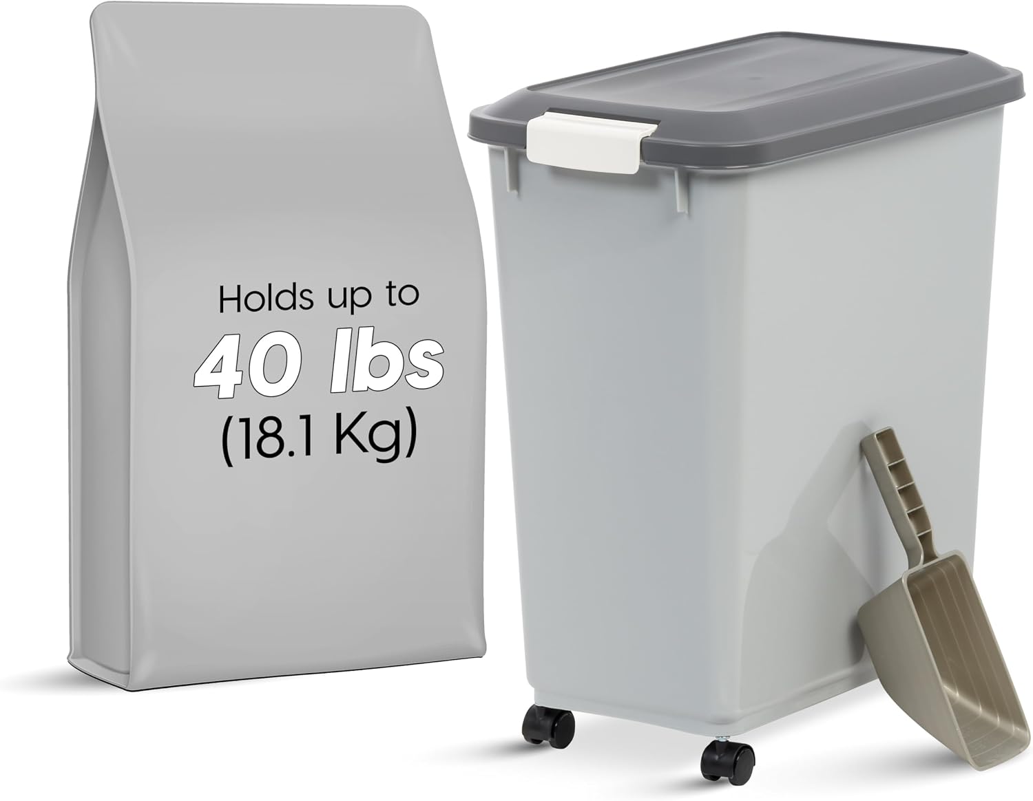 IRIS USA Dog Food Storage Container with Wheels, Airtight Lid, 2-Cup Scoop, Up to 40 Pounds Pet Food Storage, Built in Scoop Storage in Lid, Versatile Pet Food Bin, Portable, BPA Free, Gray/Dark Gray - Image 3