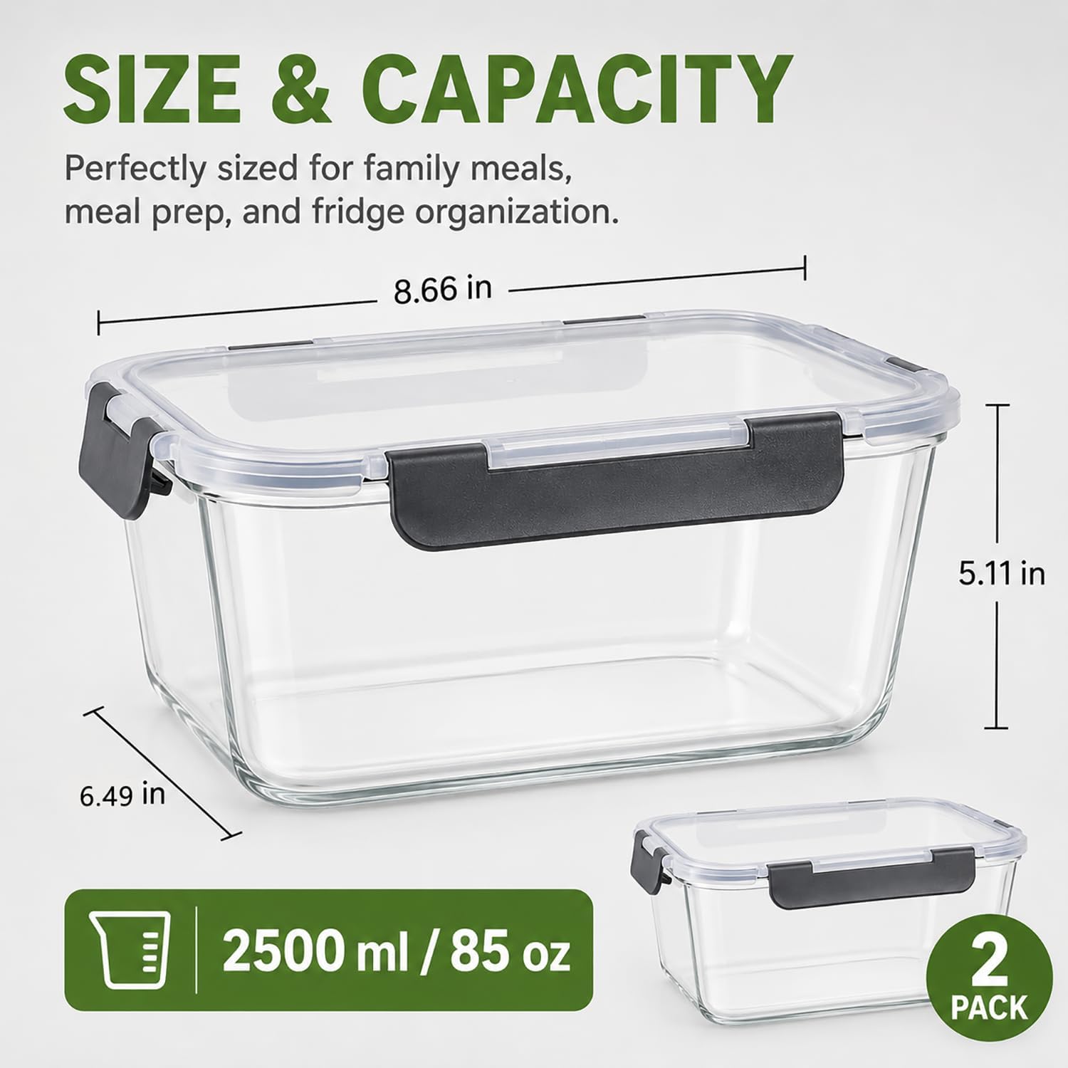 2 Pack Large Glass Food Storage Containers with Lids 85oz/10.5cup Big Airtight Storage Containers for Rotisserie Chicken Meal Prep Leftovers, BPA Free & Leak Proof, Microwave, Oven Safe (gray) - Image 5