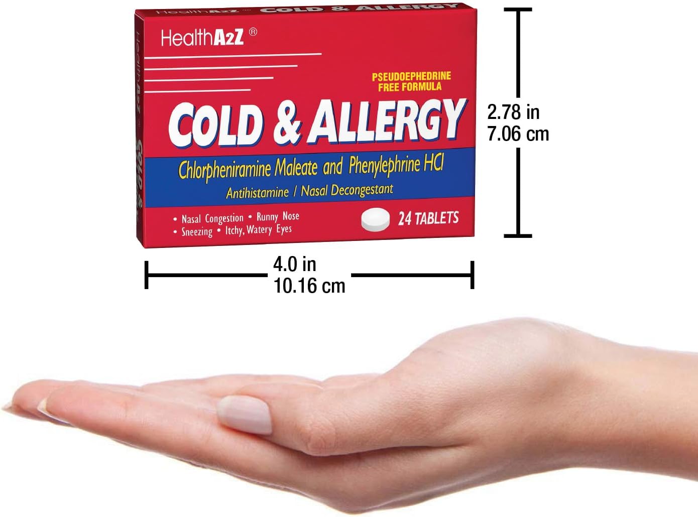HealthA2Z Cold & Allergy Relief, Chlorpheniramine Maleate & Phenylephrine HCL, Dye Free, 24 Tablets x 3pack (72 Tablets) - Image 6