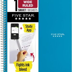 Five Star Spiral Notebook + Study App, 1 Subject, Wide Ruled Paper, 8″ x 10-1/2″, 100 Sheets, Fights Ink Bleed, Water Resistant Cover, Tidewater Blue (72875)