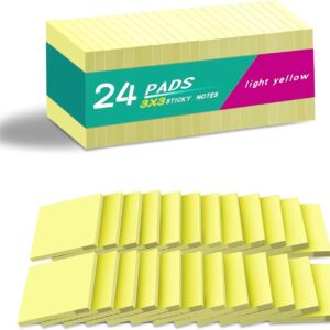 (24 Pads) Sticky Notes 3×3 in Yellow, Strong Adhesive, Clean Removal, Recyclable, Self-Stick Pads, Easy to Post for Home, Office, Notebook