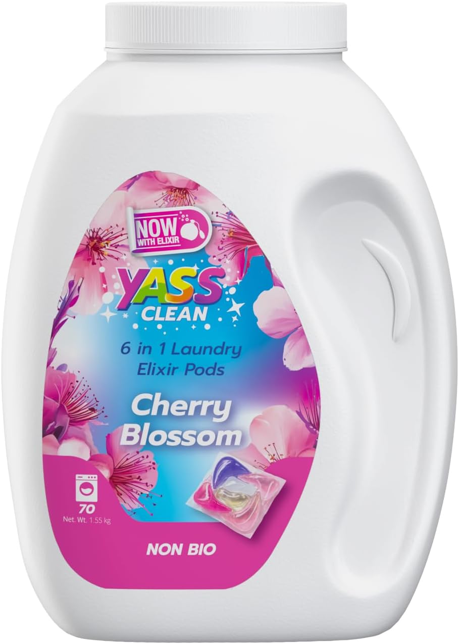 Yass Clean 6-in-1 Laundry Detergent Pods, Odor Defense & Stain Remover, Laundry Pacs with Fresh Cherry Blossom Scent, HE Compatible, 70 Count - Image 2