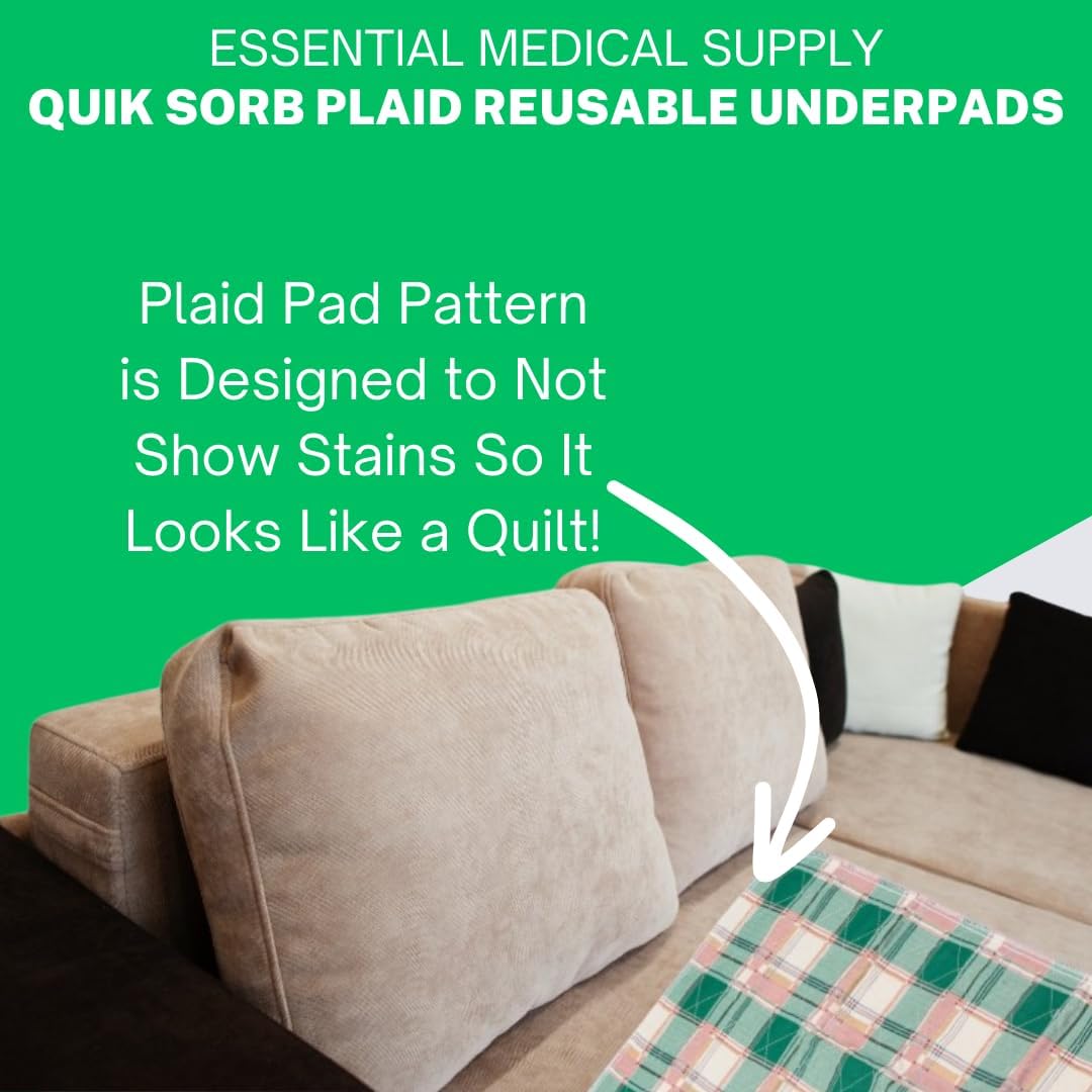 Essential Medical Supply Quik-Sorb 34" x 36" Plaid Quilted Reusable Underpad in 3 Pack - Waterproof Incontinence Bed Pads for Adults, Washable and Reusable Bed Pads for The Couch, Car and Bed - Image 5
