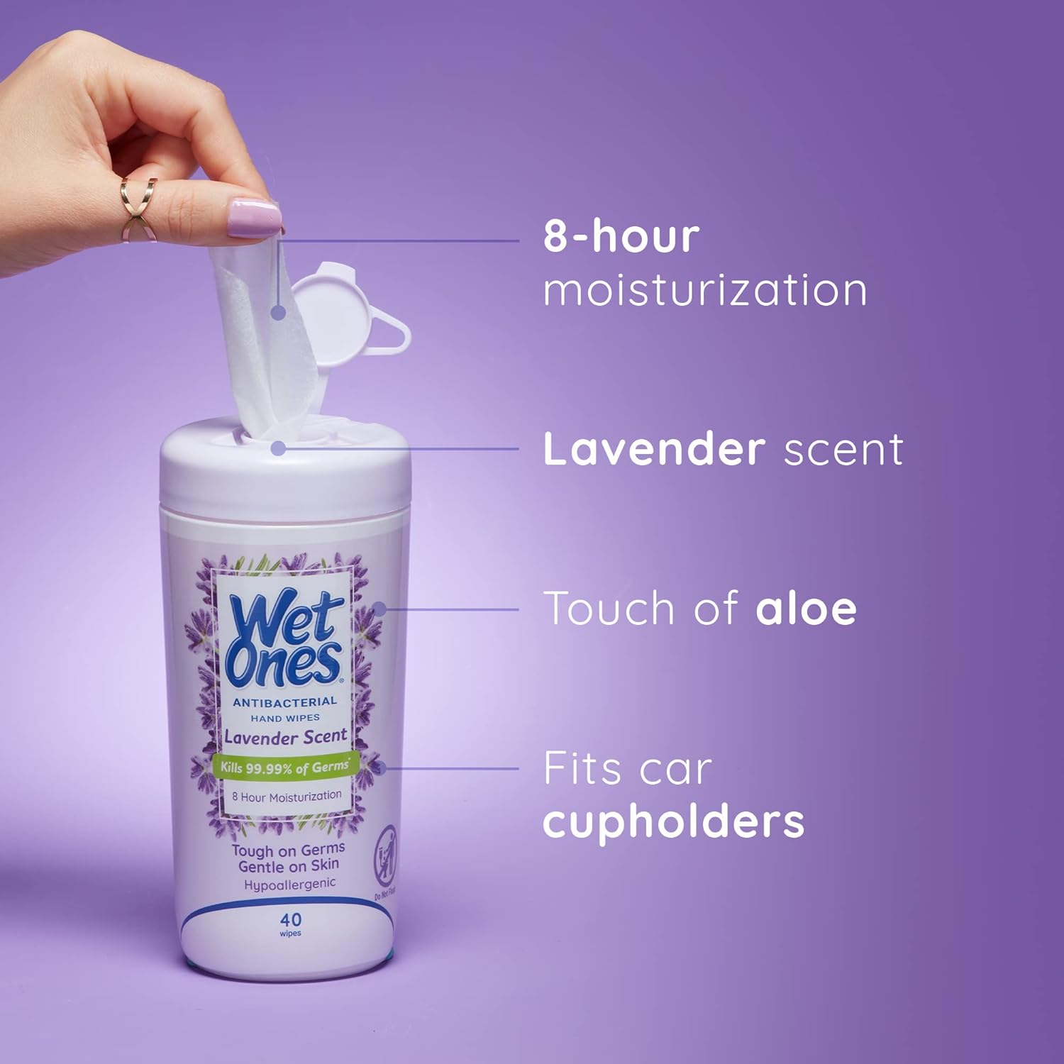 Wet Ones Antibacterial Hand Wipes, Lavender Wipes | Antibacterial Wipes, Moisturizing Wipes | 40 ct. Canister - Image 2