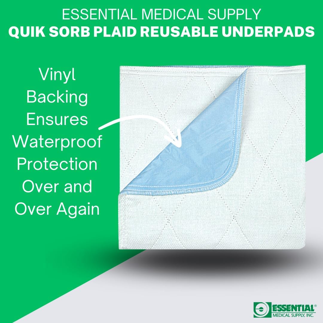 Essential Medical Supply Quik-Sorb 34" x 36" Plaid Quilted Reusable Underpad in 3 Pack - Waterproof Incontinence Bed Pads for Adults, Washable and Reusable Bed Pads for The Couch, Car and Bed - Image 4