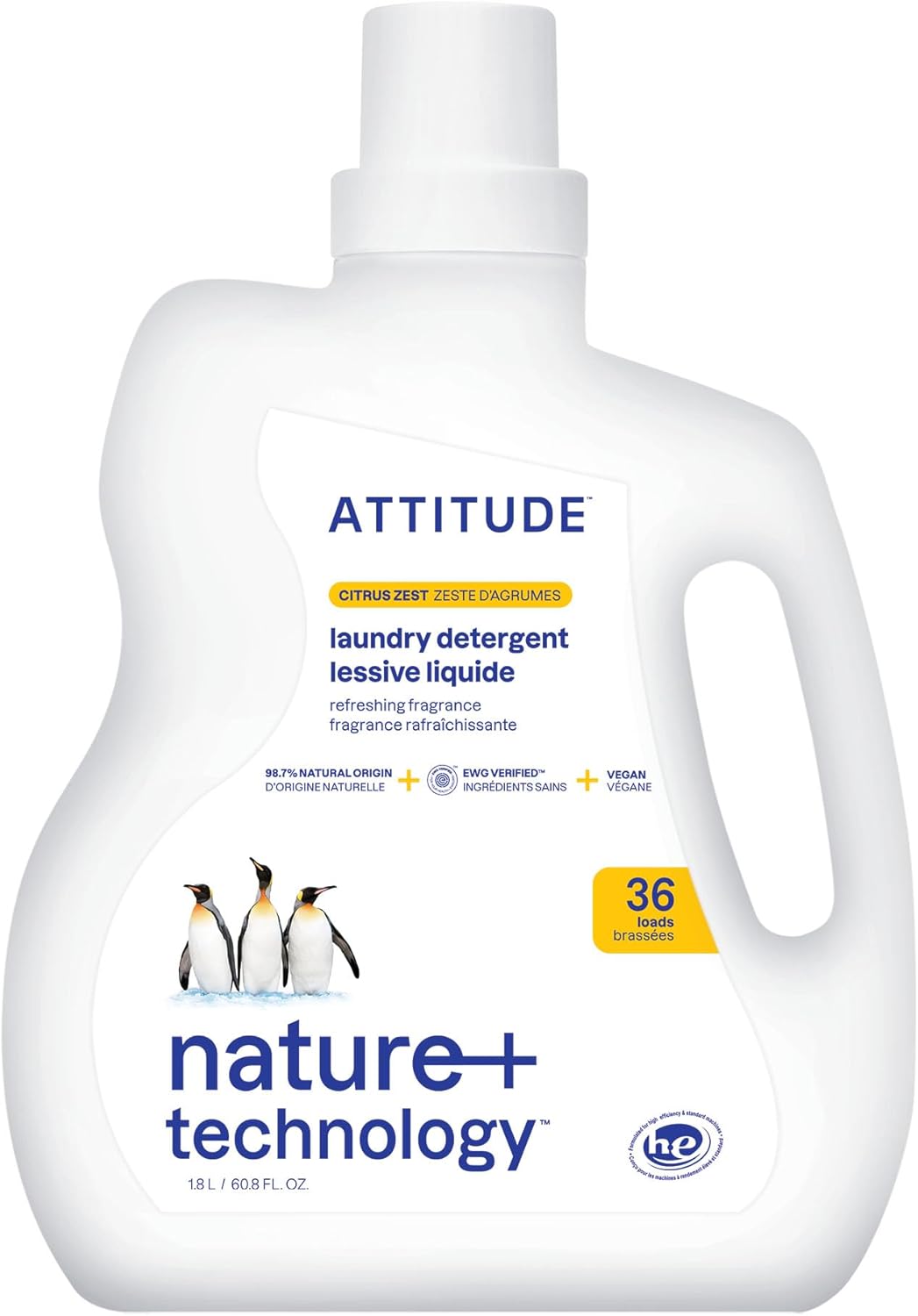 ATTITUDE Liquid Laundry Detergent, EWG Verified, HE Compatible, Plant-Based & Vegan, Natural Laundry Soap, Citrus Zest Scent, 60.8 Fl Oz - Image 2