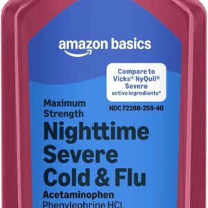 Amazon Basics Nighttime Severe Cold and Flu Syrup, Max Strength, Multi-Symptom Relief for Adults and Children 12 Years and Older, Berry Flavor, 12 fl oz (Previously Care)