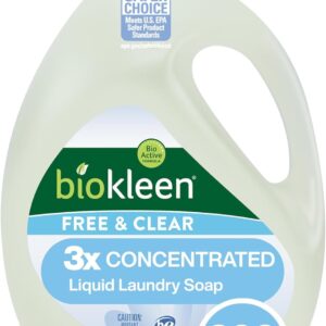 Biokleen Free & Clear Natural 3X Concentrated Liquid Laundry Detergent, 300 Loads, Plant-Based, Hypoallergenic, Removes Stains & Fights Odors, Dye Free, Unscented