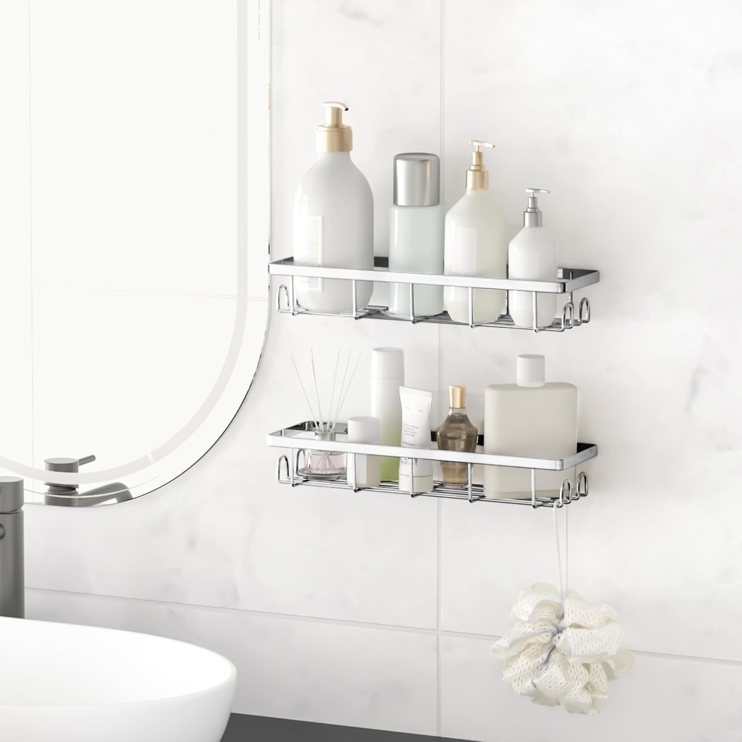 Shower Caddy Organizer with Hooks,Self Adhesive Bathroom Shelves,No Drilling Bathroom Organizers and Storage,Perfect for RV, Apartment, Home Decor,2 Pack Silvery - Image 4