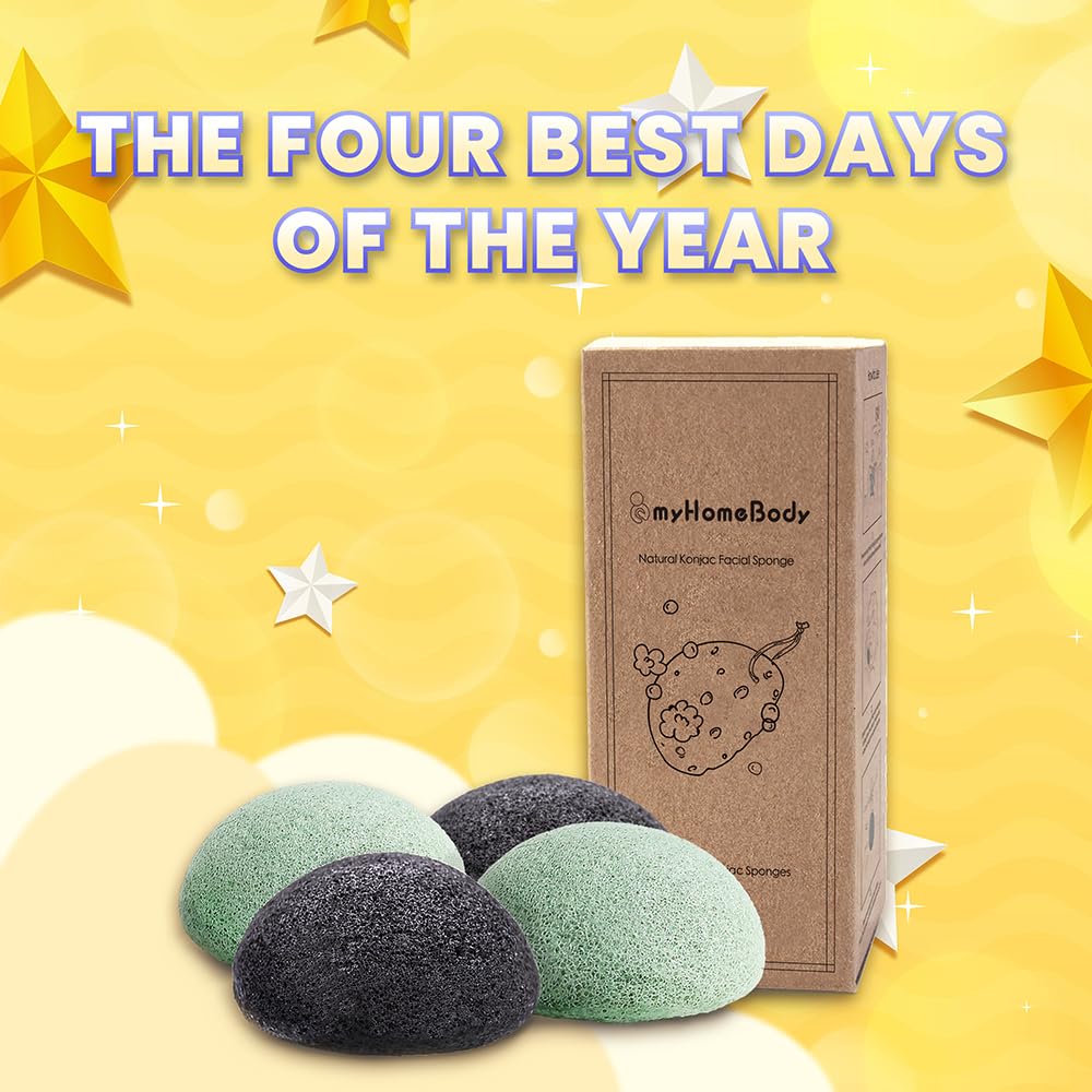 myHomeBody Natural Konjac Facial Sponges - for Gentle Face Cleansing and Exfoliation - with Activated Charcoal and Aloe Vera, Set of 4 - Image 3