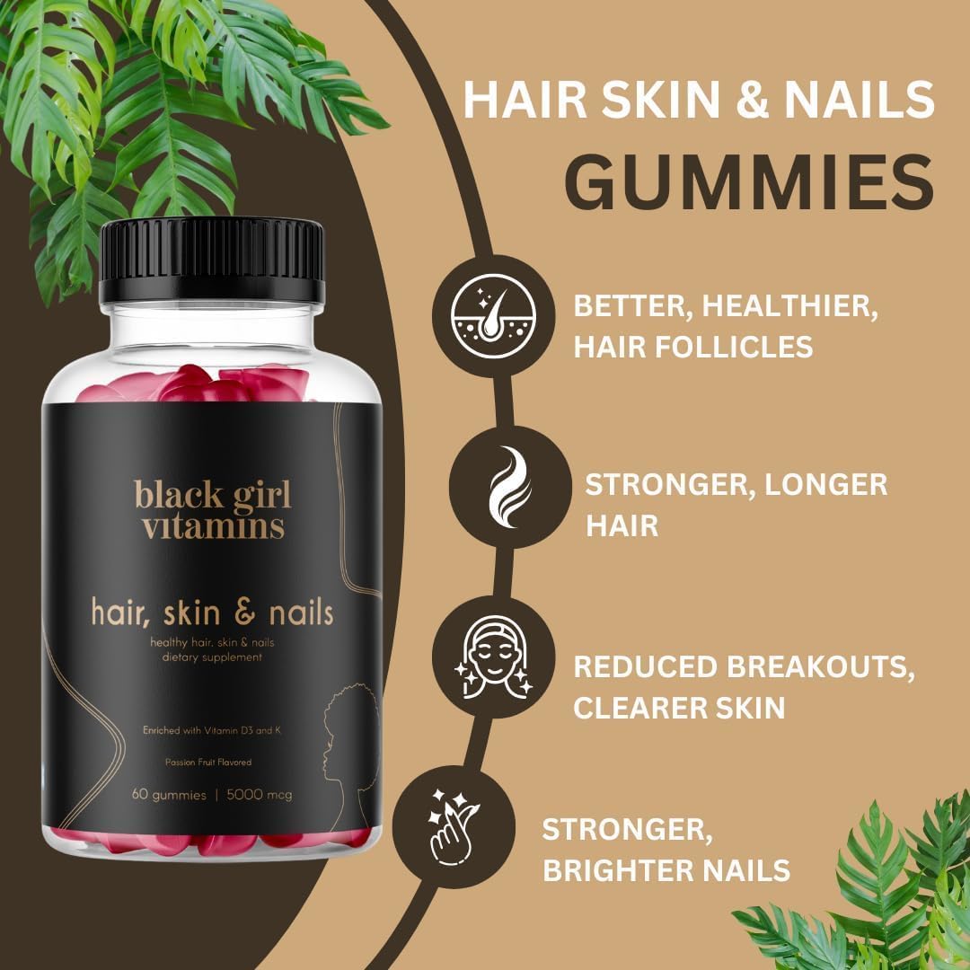 Black Girl Vitamins - Hair, Skin, and Nails Gummies with Biotin (6000 mcg), Zinc, Gelatin Free, Vitamin A, and Vitamin E - Gluten-Free. Made in The USA (Passion Fruit, 60 Count) 30 Day Supply - Image 4