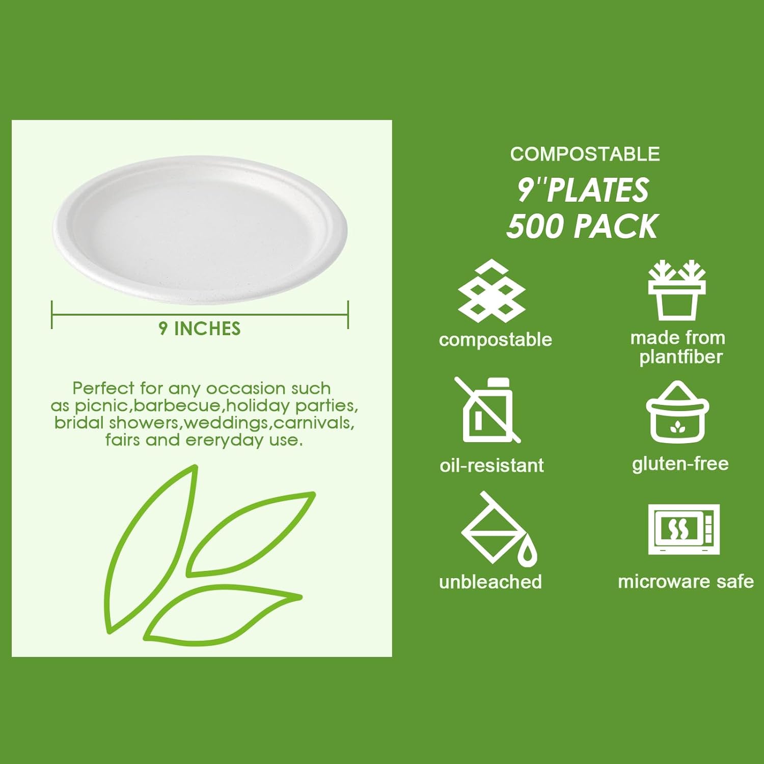 Vplus 500 Pack Paper Plates 9 inch 100% Compostable, Heavy-Duty Disposable Paper Plates Bagasse Natural Biodegradable Eco-Friendly Sugarcane(White) - Image 4