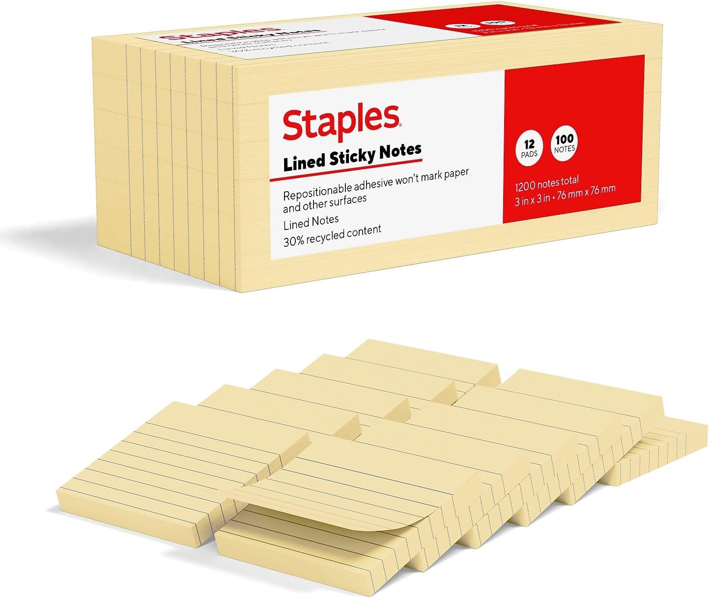 Staples Sticky Notes, 3 x 3, Sunshine Collection, Lined, 100 Sheets/Pad, 12 Pads/Pack - Image 2