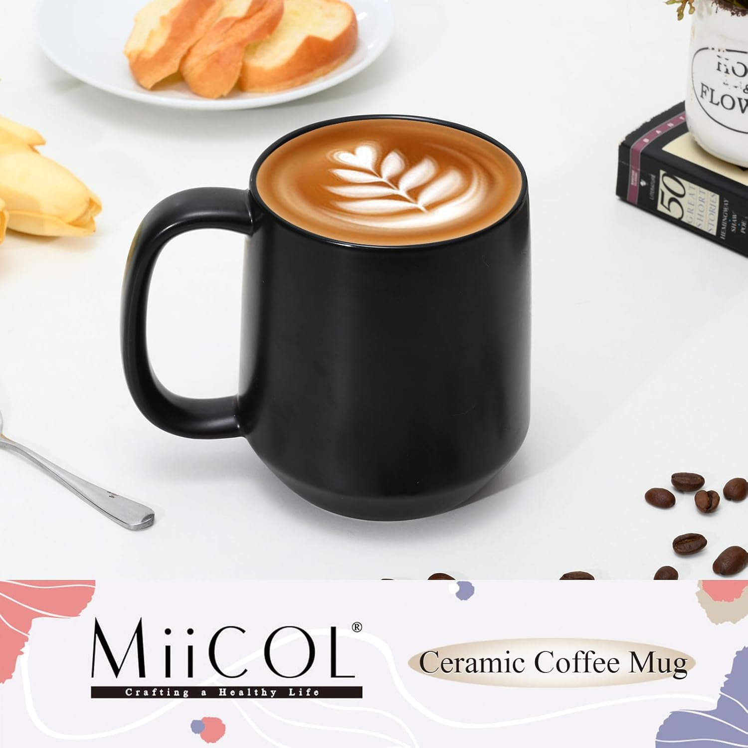 Miicol Ceramic Coffee Mug, 16 oz Large Coffee Cup, Tea Mug with Handle, Flat Bottom Mug for Men, Women, Office, Microwave and Dishwasher Safe, Multi-Color, Black - Image 3