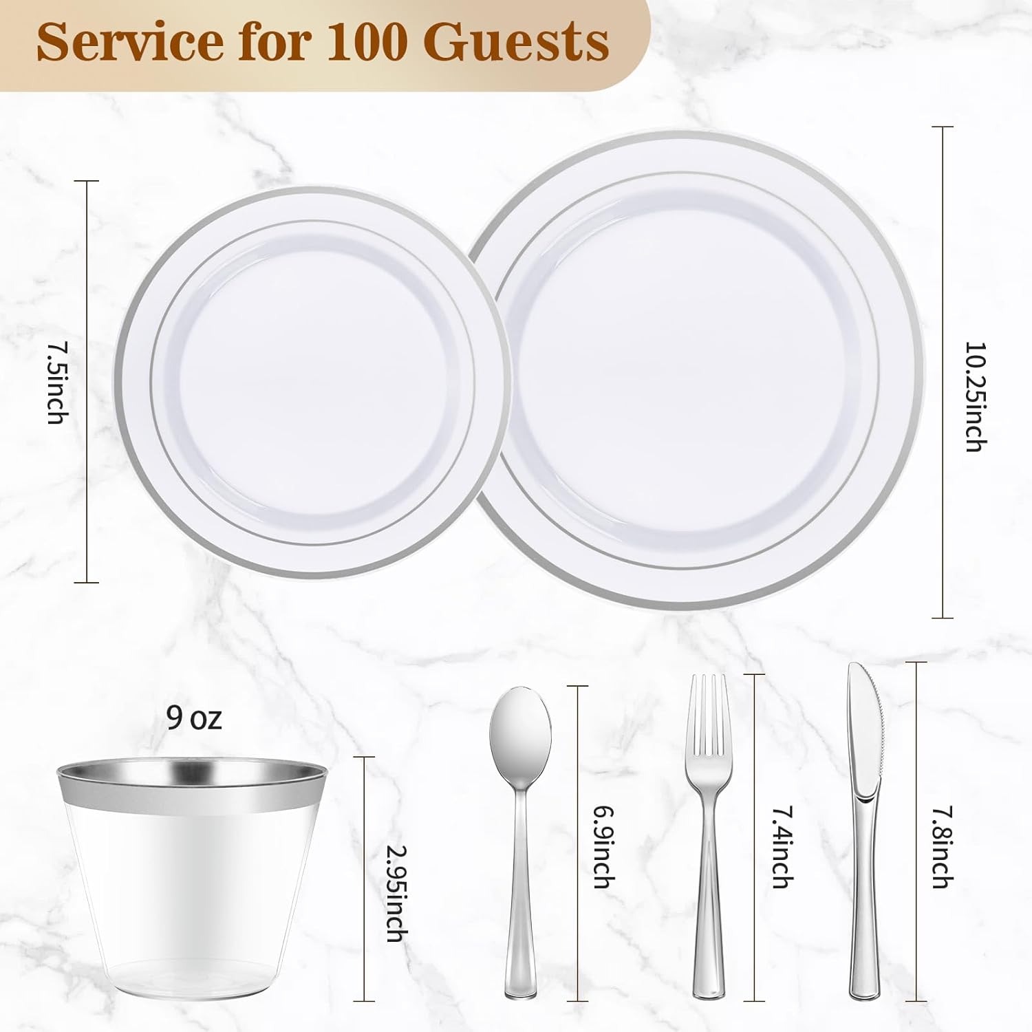 BESTVIP 600PCS Silver Dinnerware Set for 100 Guests, Plastic Plates for Party, 100 Silver Disposable Plates, 100 Dessert Plates, 100 Cups, 100 Spoons, 100 Forks and 100 Knives - Image 5