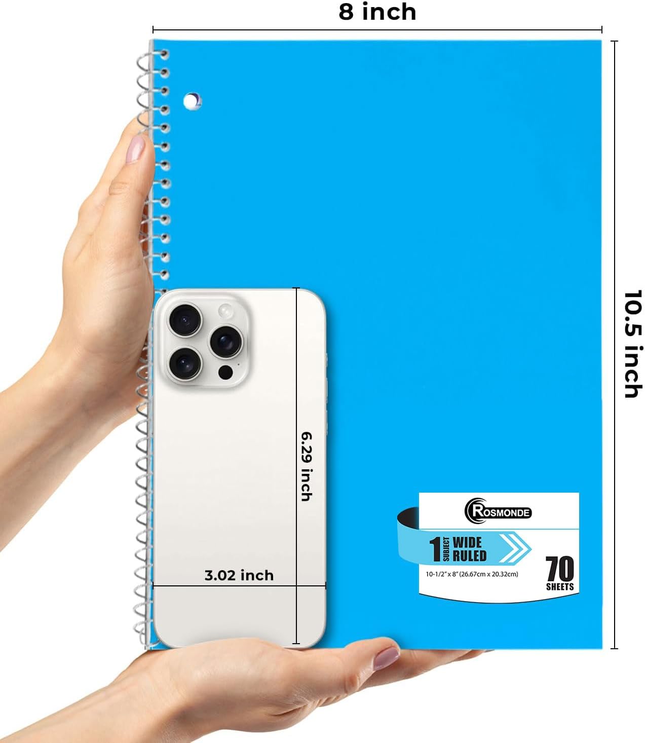 Rosmonde Spiral Notebooks, 12 Pack, 1 Subject Notebook, Wide Ruled, 70 Sheets, 8 x 10-1/2", 3 Hole Punched, School Supplies, Bulk Single Subject Spiral Notebook Bulk, Assorted Colors Pack of Notebooks - Image 3