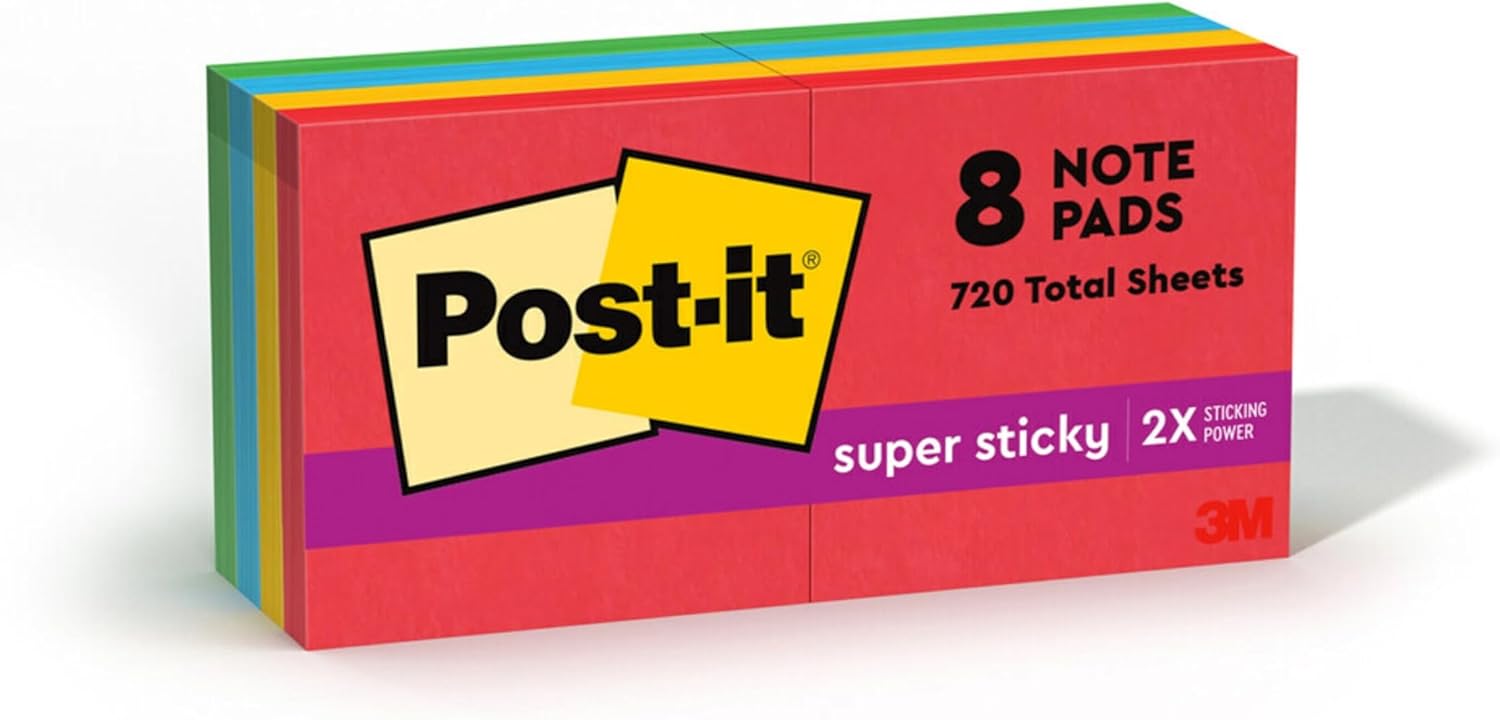Post-it Super Sticky Notes, 8 Sticky Note Pads, 1.875 x 1.875 in., Back to School Supplies for Students, Ideal for Textbooks, Notebooks, and Vertical Surfaces, Playful Primaries Collection - Image 3