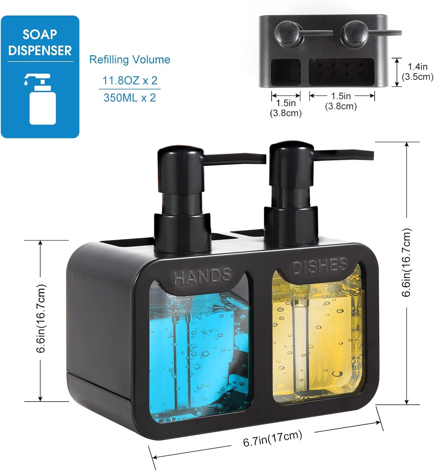 Kitchen Soap Dispenser Set, with Hand and Dish Soap, Sponge Caddy and Brush Holder 4-in-1 Kitchen Dual Soap Dispenser Set for Kitchen Sink, Bathroom - Black - Image 7