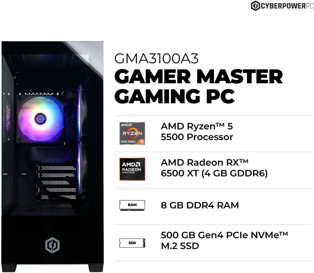 CyberPowerPC Gamer Master Gaming PC, AMD Ryzen 5 5500 3.6GHz, Radeon RX 6500 XT 4GB, 8GB DDR4, 500GB PCIe 4.0 SSD, WiFi Ready & Windows 11 Home (GMA3100A3) - Image 3