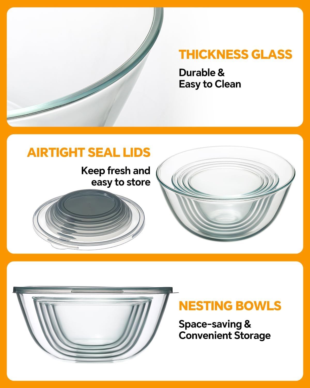 Glass Mixing Bowls with Lids Set of 5(4.78QT,2.2QT,1.7QT,1.1QT,0.85QT),Thick Glass Nesting Bowls for Kitchen Baking,Cooking Prep,Storage,Serving,Large Salad Bowls,Dishwasher Microwave Freezer Safe - Image 7