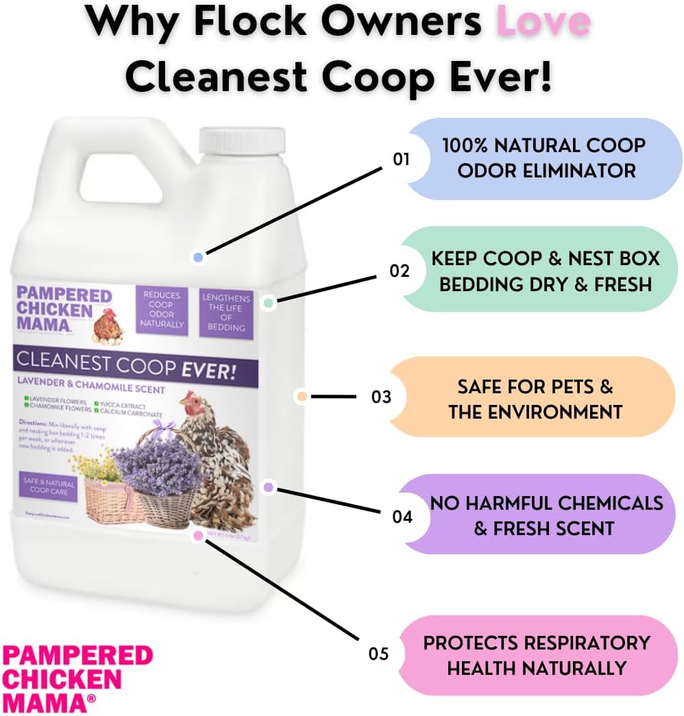 Pampered Chicken Mama Cleanest Coop Ever! Chicken Coop Deodorizer & Bedding Refresher | Moisture Absorbing Odor Eliminator | Coop Refresher for Chickens (Lavender & Chamomile Scent, 8 pounds) - Image 3