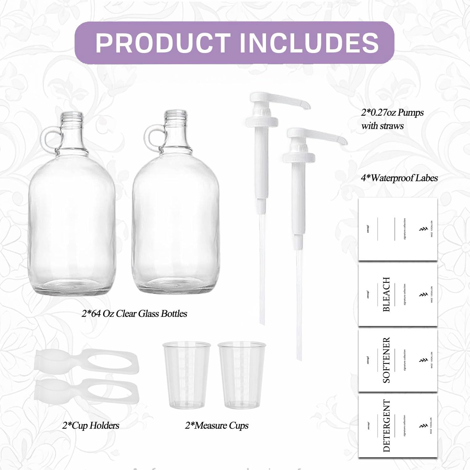 2 Pcs Glass Liquid Laundry Detergent Dispenser with Cup Holders, Half Gallon Dispenser for Laundry Room (64 oz. Each), Laundry Detergent Bottles with Pump Dispenser -Includes Labels, Measuring Cups - Image 4