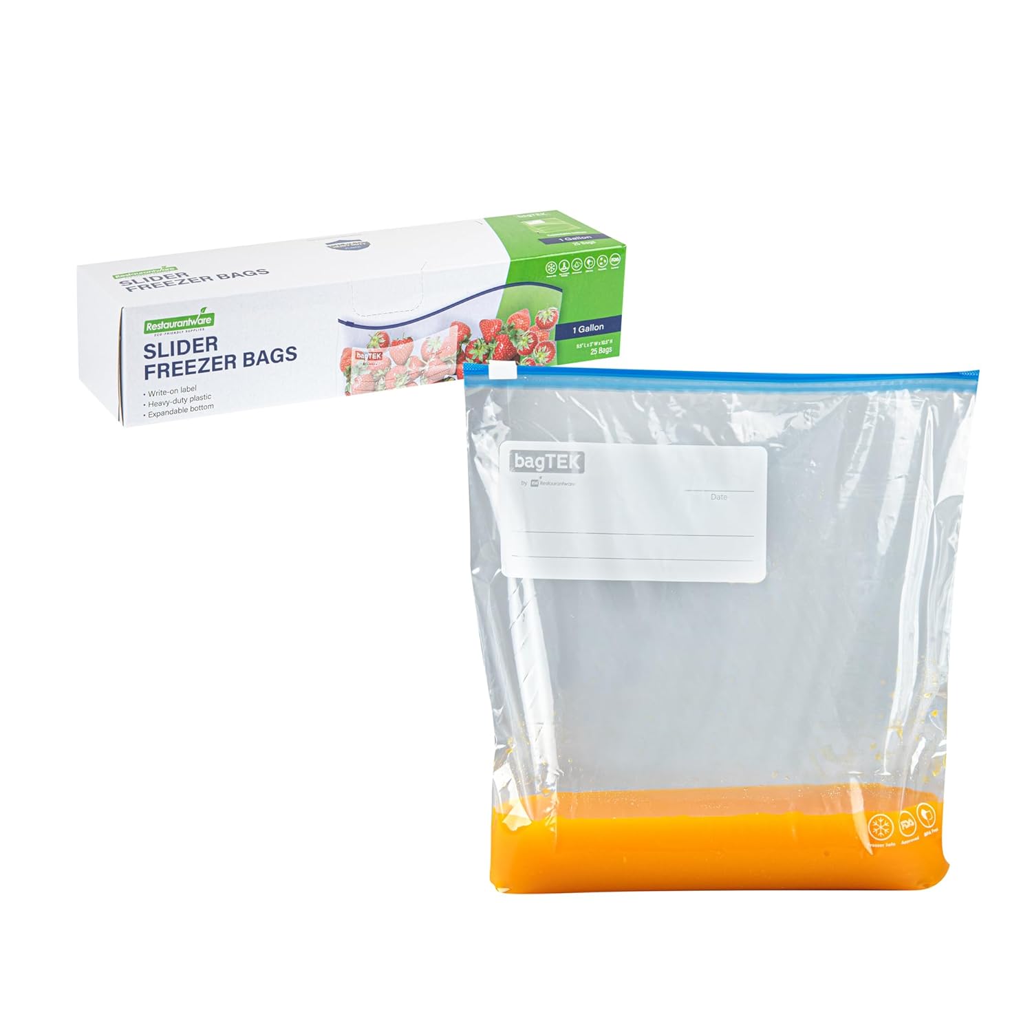 Restaurantware-Bag Tek 1 Gallon Freezer Slider Bags, 25 Disposable Zipper Pouch Bags - Slide Zipper, Expandable Bottom, Clear Plastic Freezer Bag, With Write-On-Label, For Food Storage - Image 2