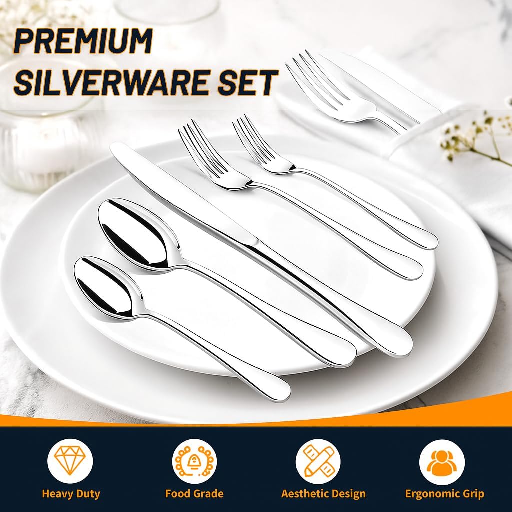 NICE KITCHEN Silverware Set, 40 Piece Stainless Steel Cutlery Sets for 8, Heavy Duty Flatware, Mirror Polished Forks Spoons and Knives Set, Reusable Utensils for Home Kitchen, Dishwasher Safe - Image 4
