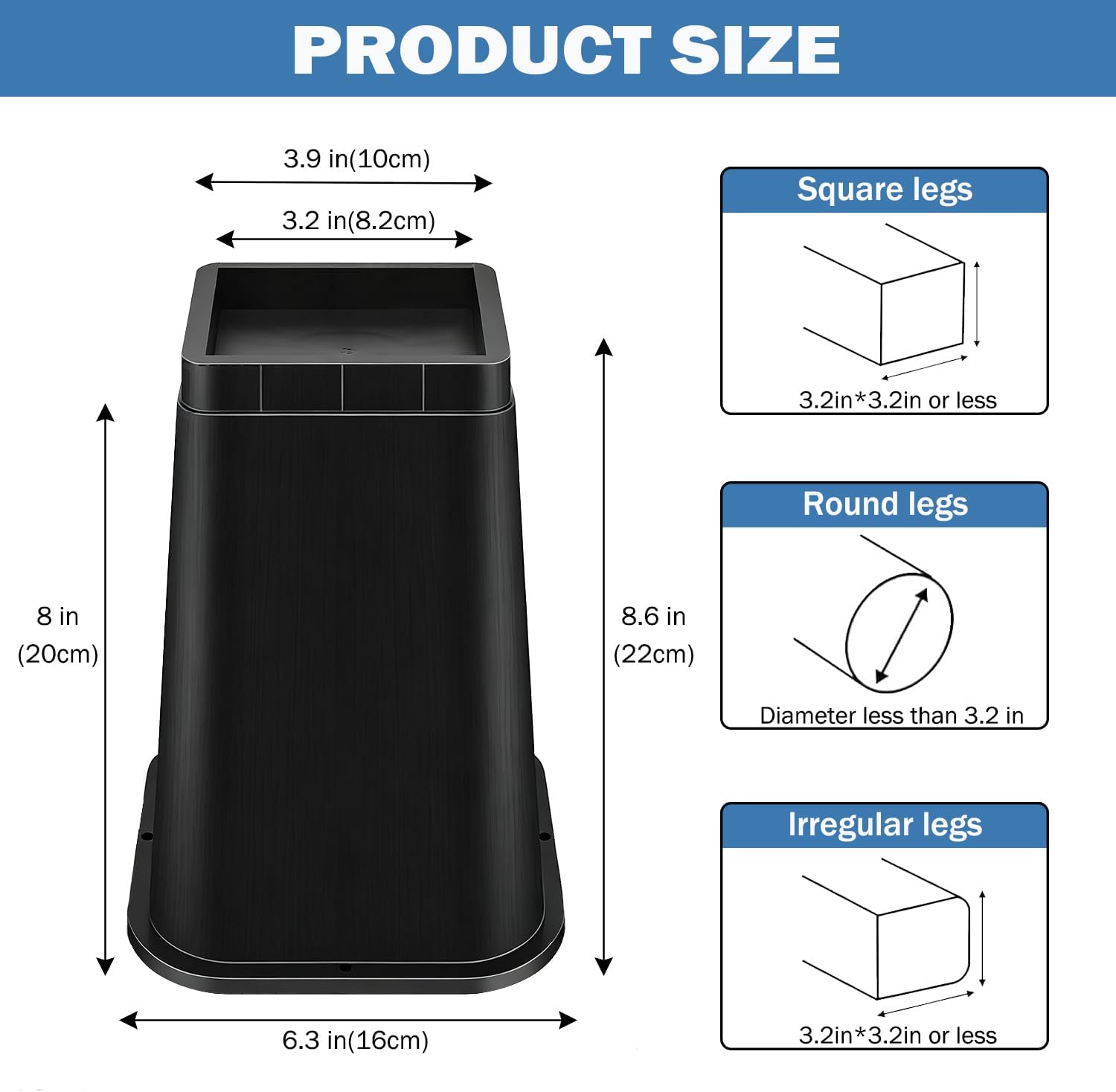 Bed Risers 8 Inch Heavy Duty Furniture Risers Table Leg Couch Risers Non-Slip Added Storage Support Up to 6000 Lbs for Bed Desk Table Sofa Couch, Black, 4 Pack - Image 3