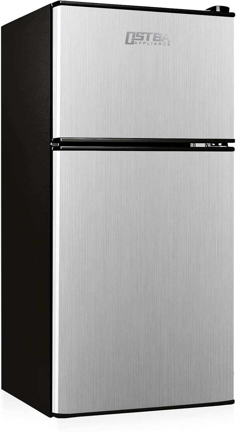 OSTBA Mini Fridge with Freezer - 3.2 Cu.ft 2-Door Upright Freezer, Compact Refrigerator with 2 Removable Shelves 7 Level Adjustable Thermostat, Removable Shelves for Bedroom Office Apartment, Silver - Image 2